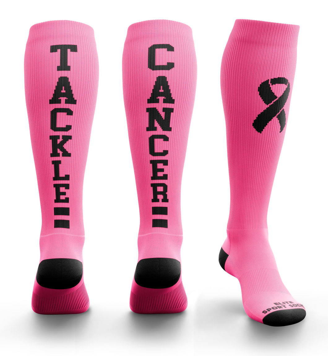 Tackle Cancer Breast Cancer Ribbon Awareness Socks (Knee-High, Flat Knit, Neon Pink)