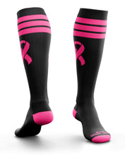 Striped Breast Cancer Ribbon Awareness Socks (Knee-High, Flat Knit, Black/Bright Pink)