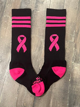 Striped Breast Cancer Ribbon Awareness Socks (Knee-High, Flat Knit, Black/Bright Pink)