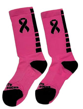 Load image into Gallery viewer, Breast Cancer Ribbon Awareness Socks (Crew, Flat Knit, Neon Pink)
